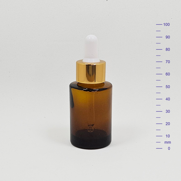 BOTELLA ROUND GLASS 30 cc AMBAR c/PIPETA ORO (240)