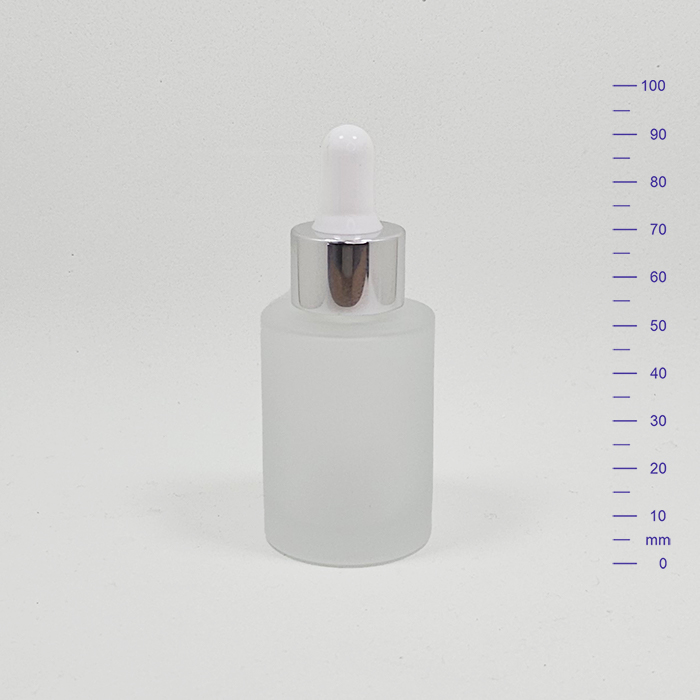 BOTELLA ROUND GLASS 30 cc SATINADO c/PIPETA PLATA BRILLO (240)